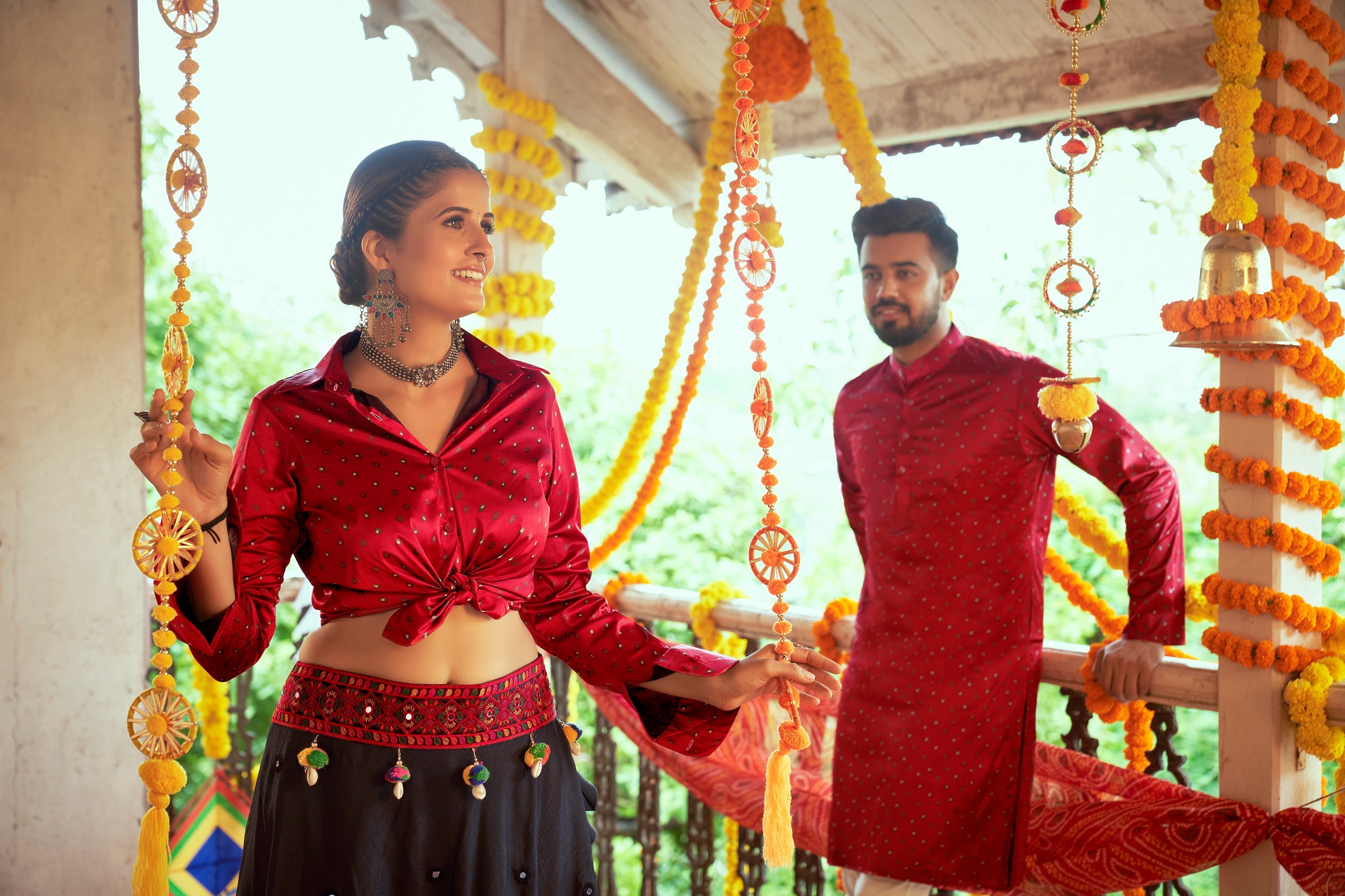 Navratri Special Maroon With Black Color Couple Set