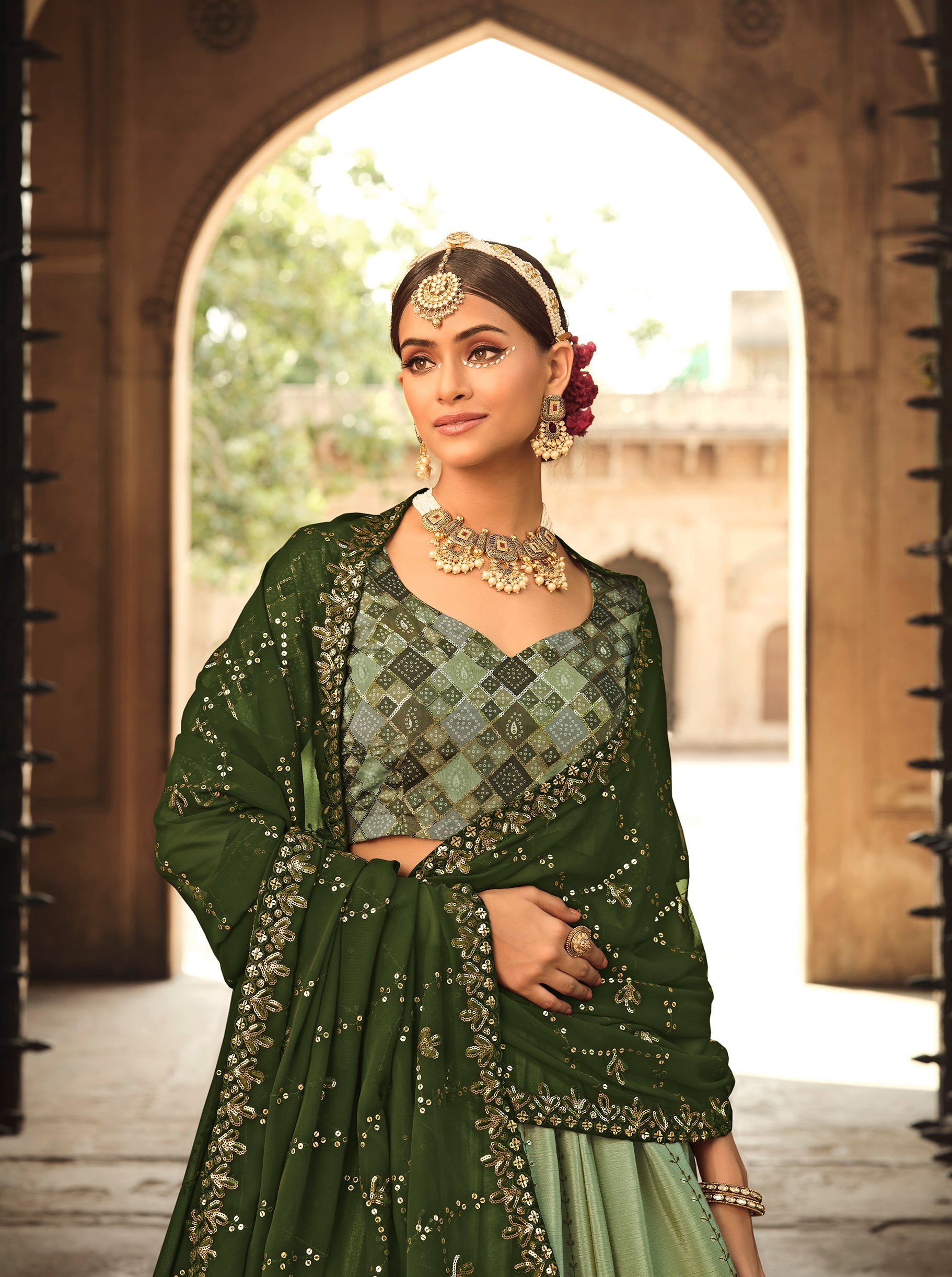 Stylish Thread Sequence Work Pista Green With Olive Color Lehenga Choli