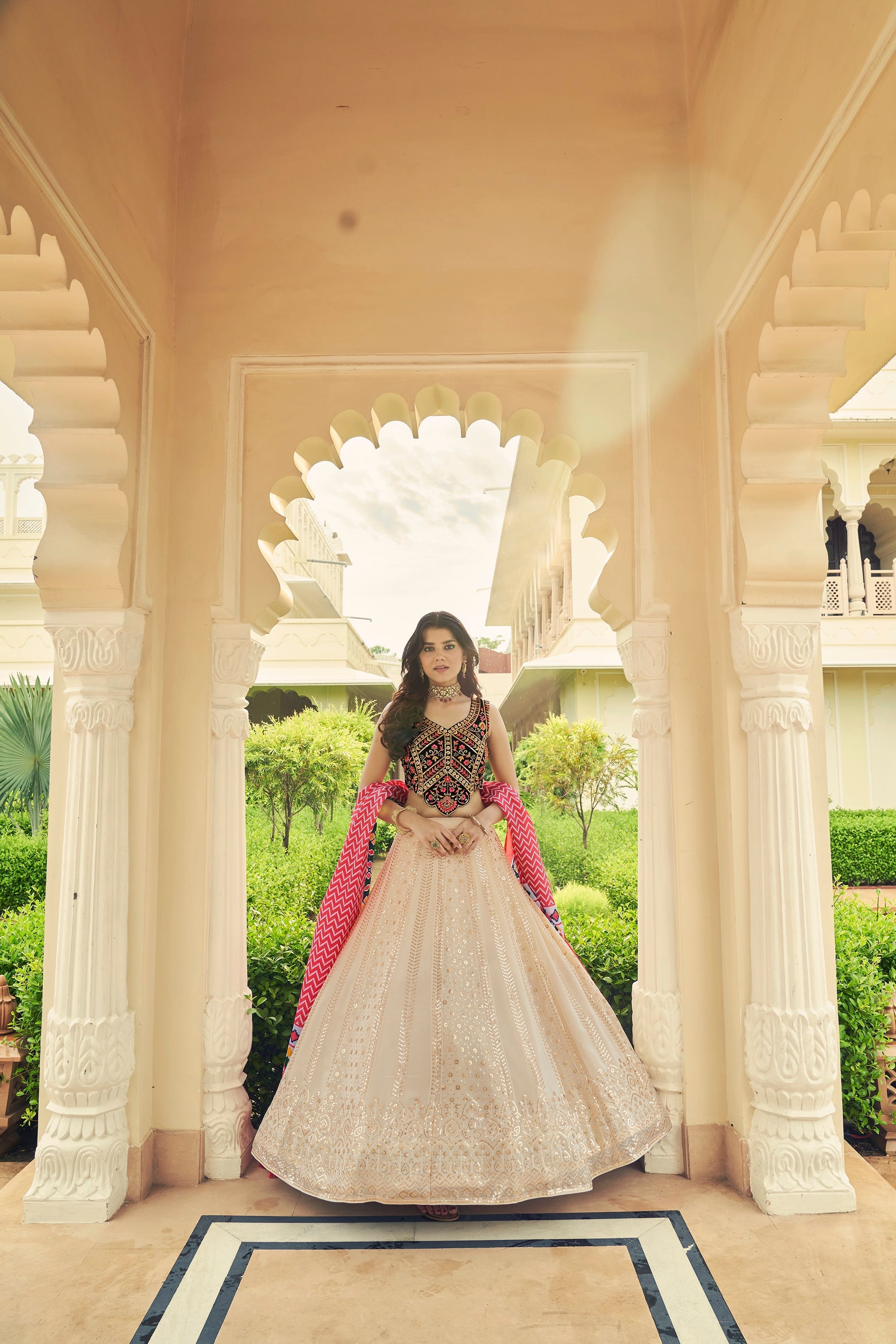 Luxuriant Sequence Embroidery Work Beige With Navy Blue Lehenga Choli