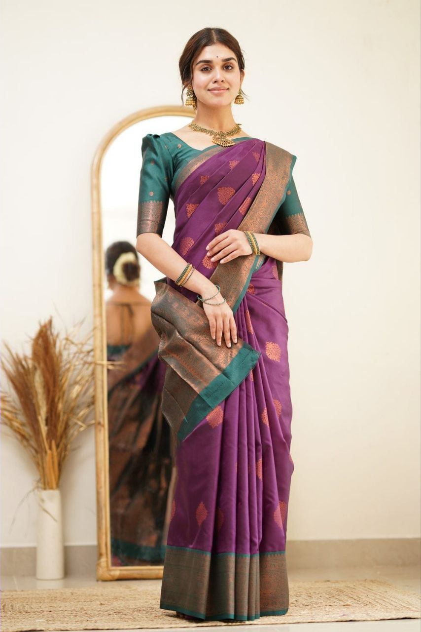 Designer Purple Color Coper Jari Design Soft Silk Saree