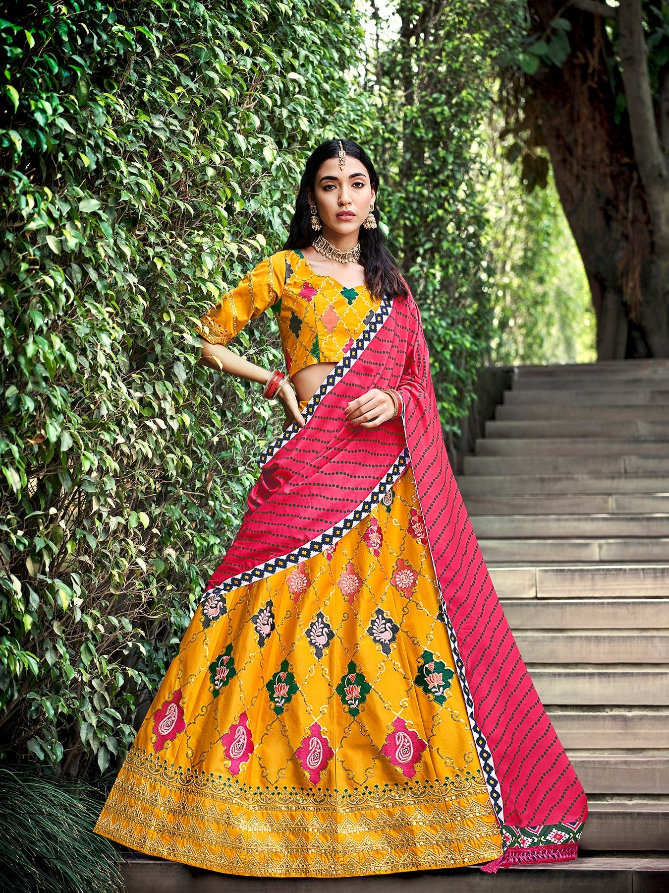 Bridal Wear Yellow With Pink Color Thread & Sequence Embroidered Work Lehenga Choli