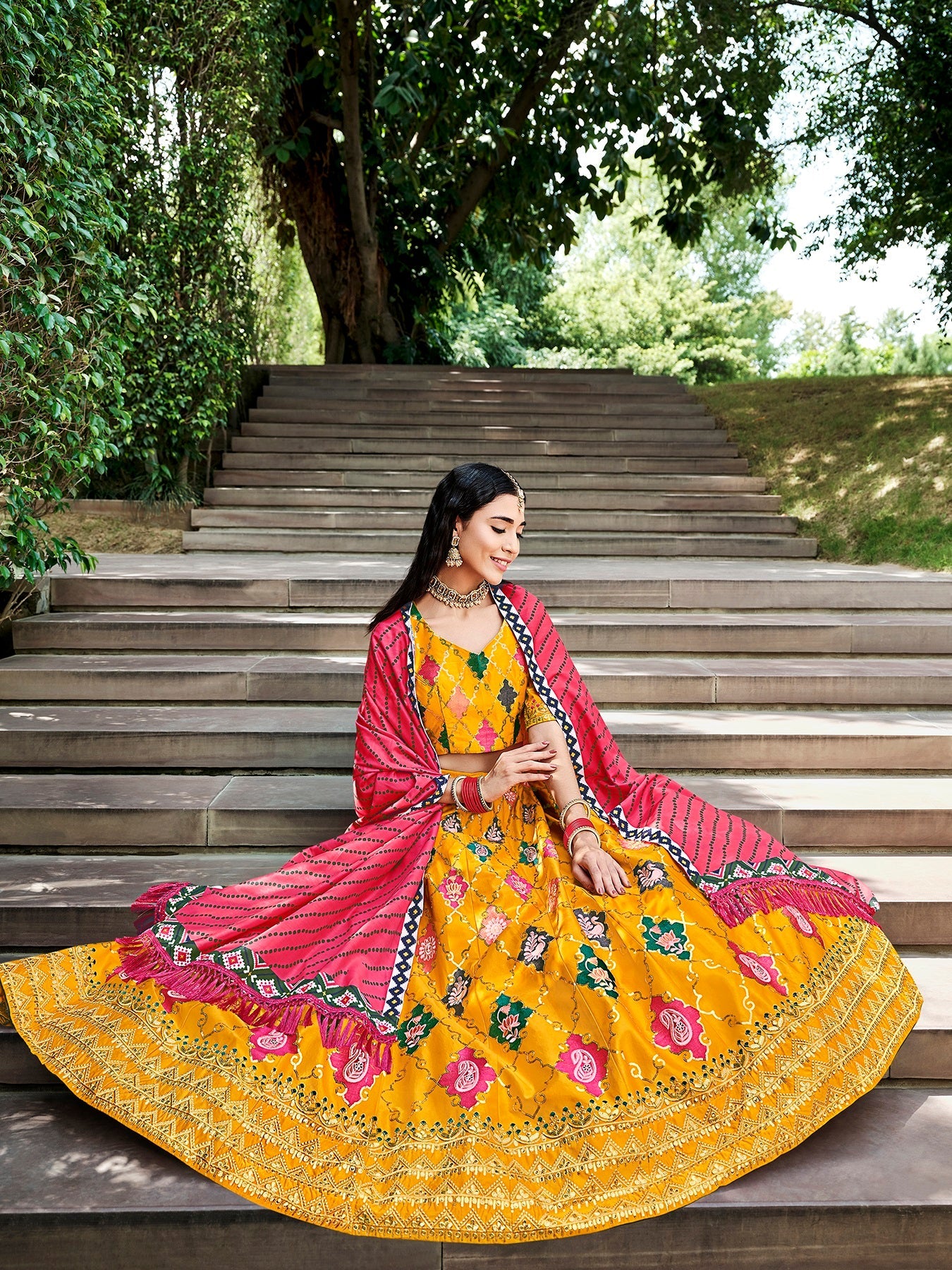 Bridal Wear Yellow With Pink Color Thread & Sequence Embroidered Work Lehenga Choli