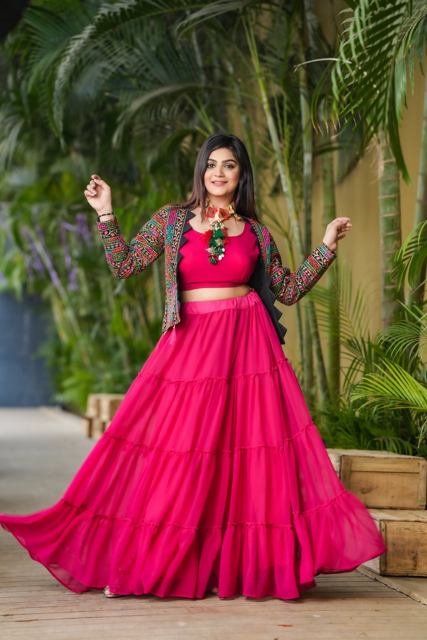 Fancy Dark Pink Color Lehenga Choli With Shrug