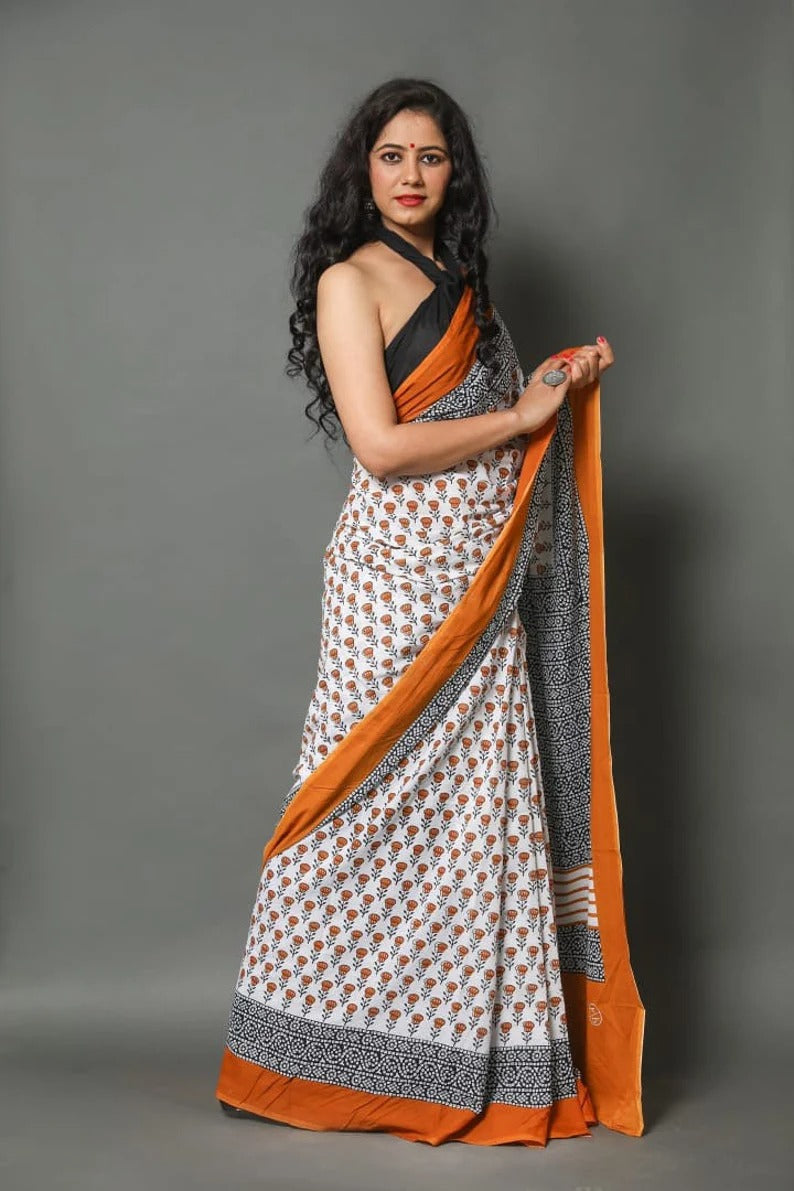 White With Orange Color Digital Printed Mulmul Cotton Saree