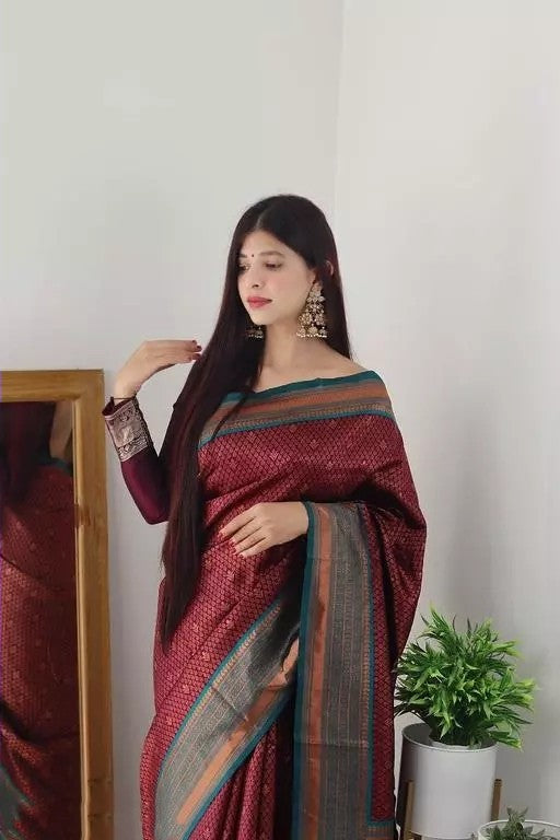 Maroon And Aqua Green Color Coper Jari Design Soft Silk Saree