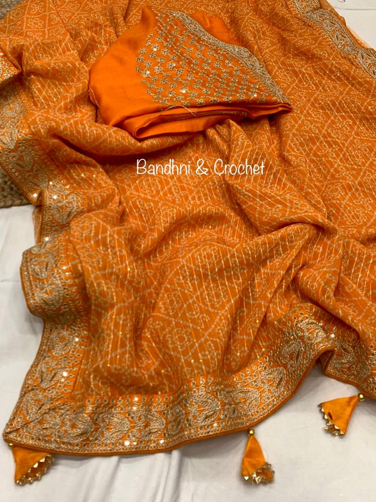 Bandhani Print Yellow Color Crochet Work Saree