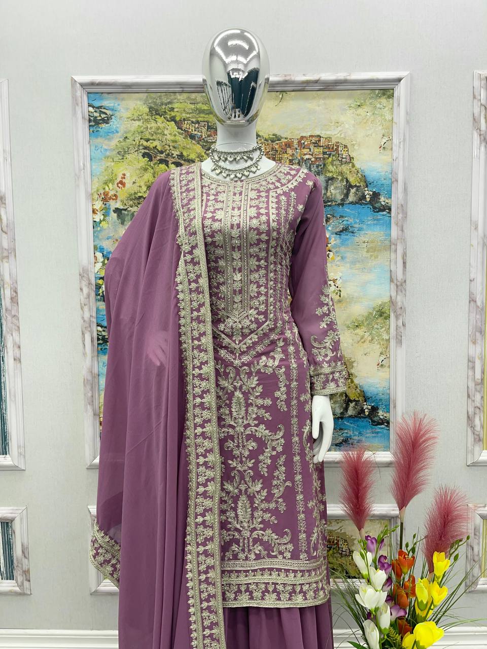 Stylish Dusty Pink Color Embroidery Work Sharara Suit