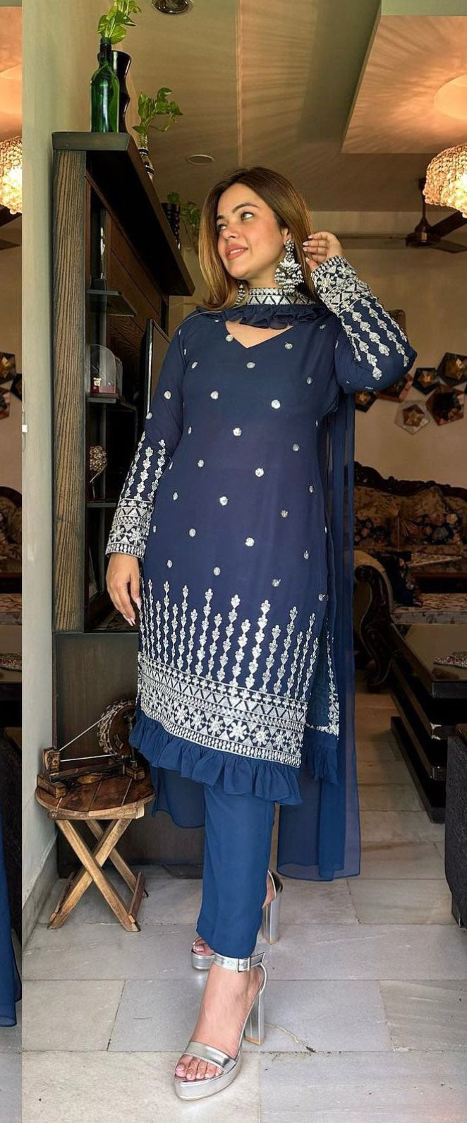 Terrific Embroidery Work Blue Color Salwar Suit
