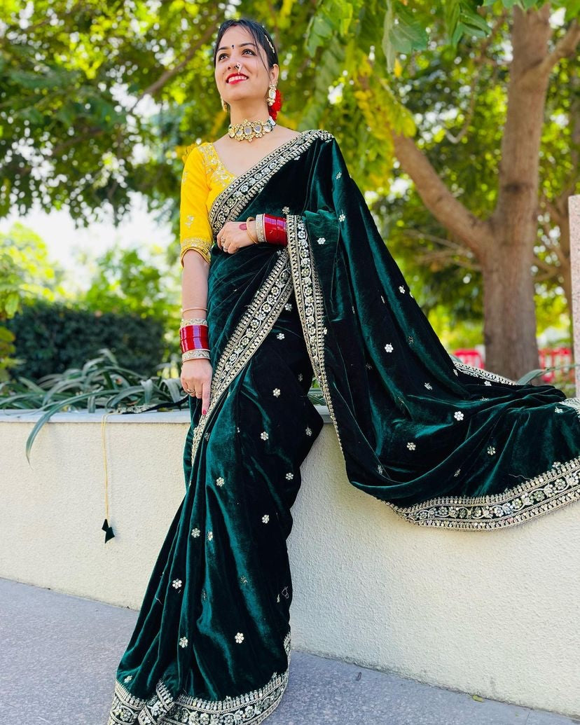 Exclusive Dark Green Color Velvet Saree With Yellow Embroidered Blouse