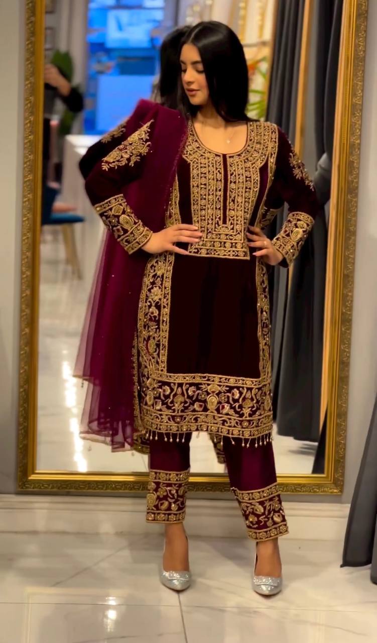Maroon Color Heavy Work Velvet Salwar Suit