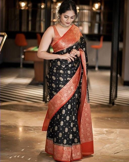 Fancy Black With Red  Color Soft Lichi Silk Party Wear Saree