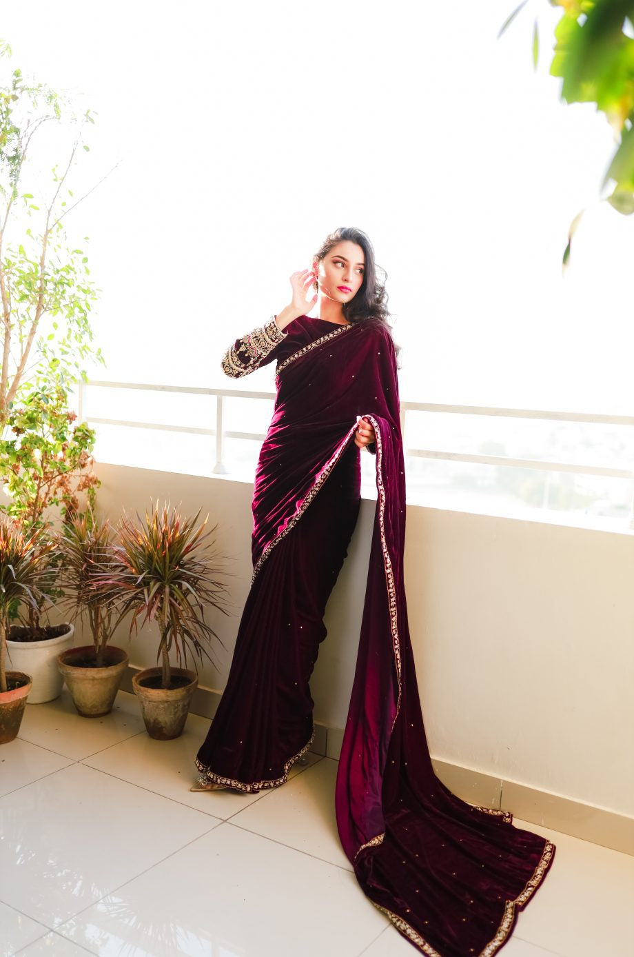 Wine Color Moti With Lace Work Velvet Saree