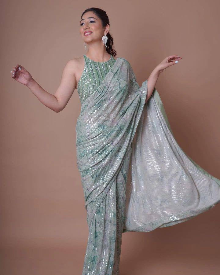 Bollywood Style Pista Green Color Sequence Work Shaded Saree