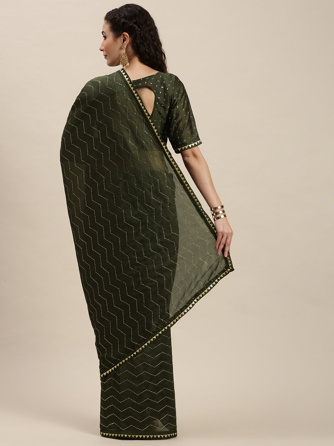 Green Color Golden Stones Work Art Silk Saree