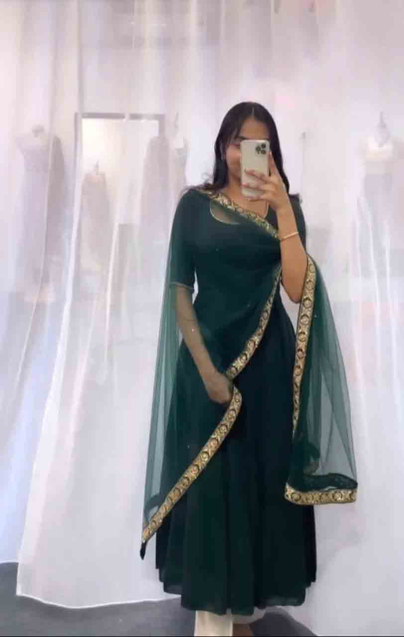 Full Plain Green Color Party Wear Gown With Dupatta