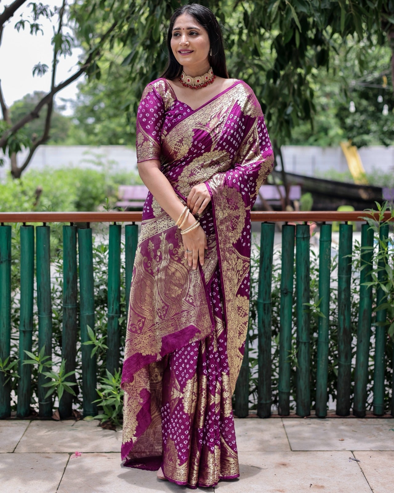 Trendy Zari Weaving Border Wine Color Pure Bandhani Saree