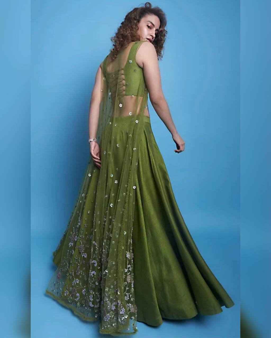 Designer Mehndi Color Silk Lehenga Choli With Shrug