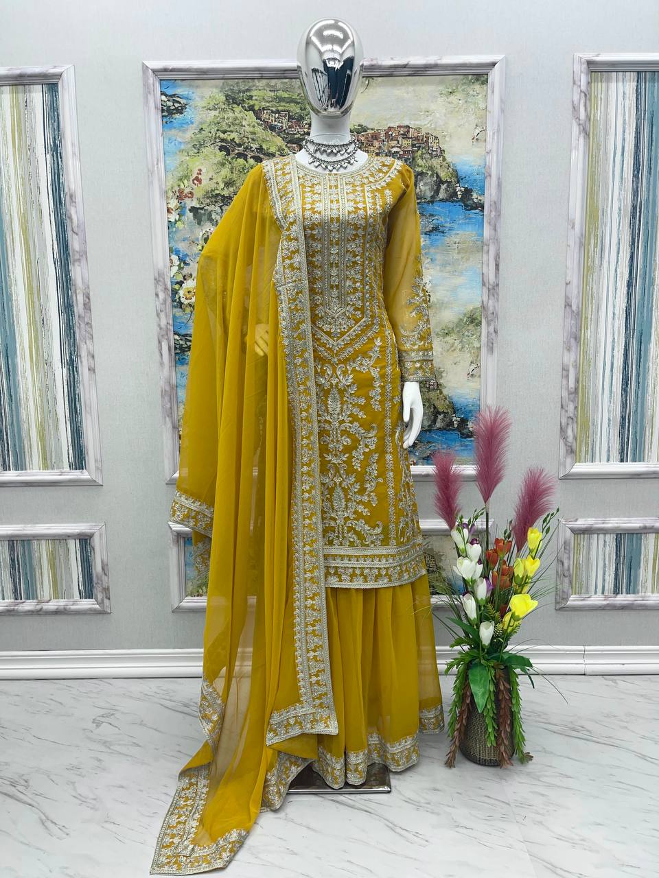 Stylish Yellow Color Embroidery Work Sharara Suit