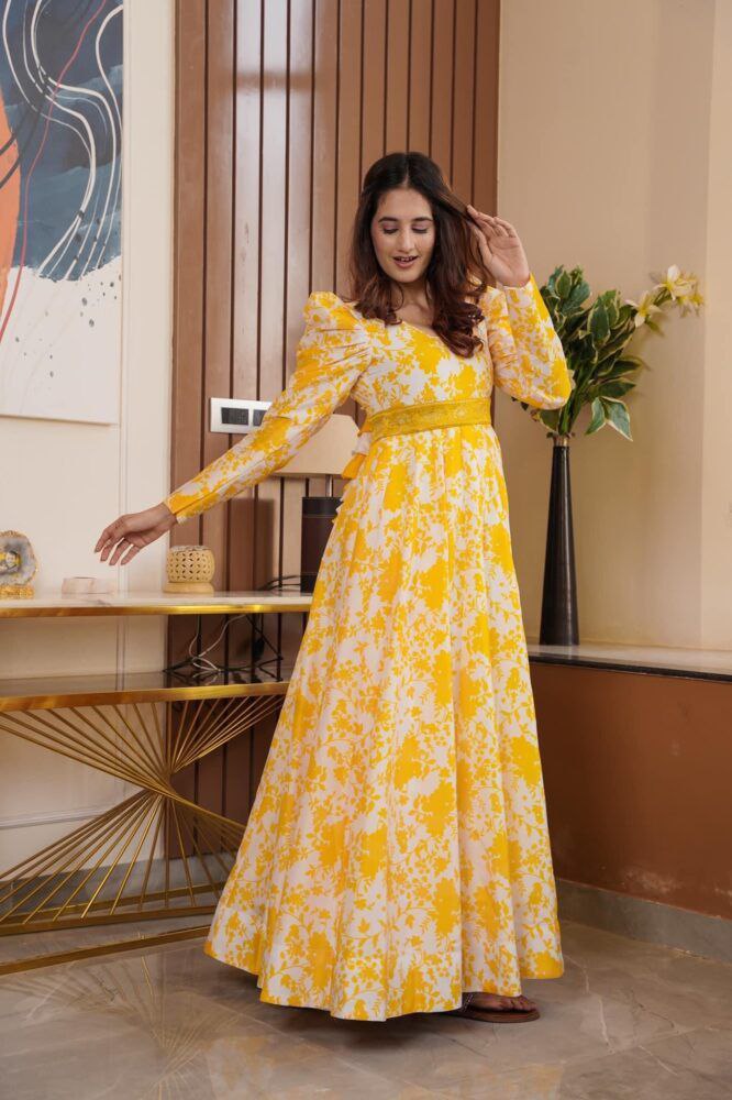 Digital Printed Yellow Color Gown With Belt