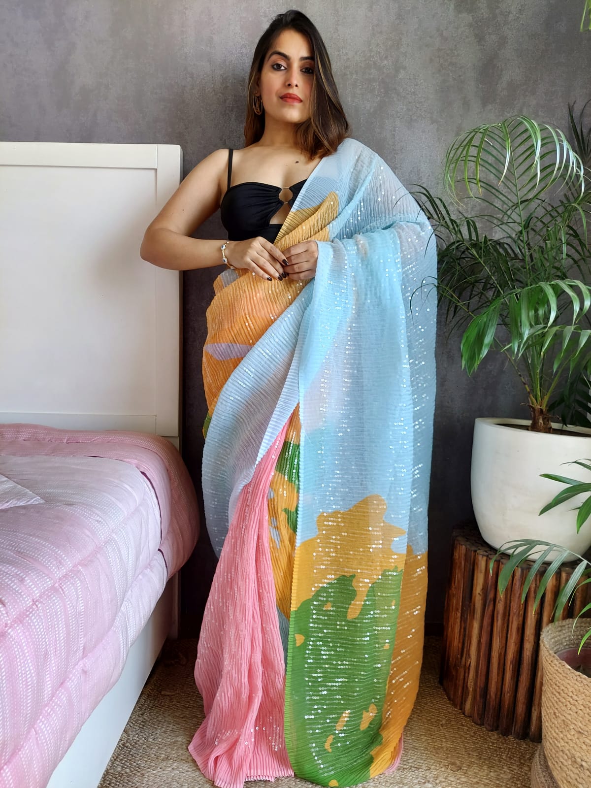 Multi Color Sequence Work Crushed Saree