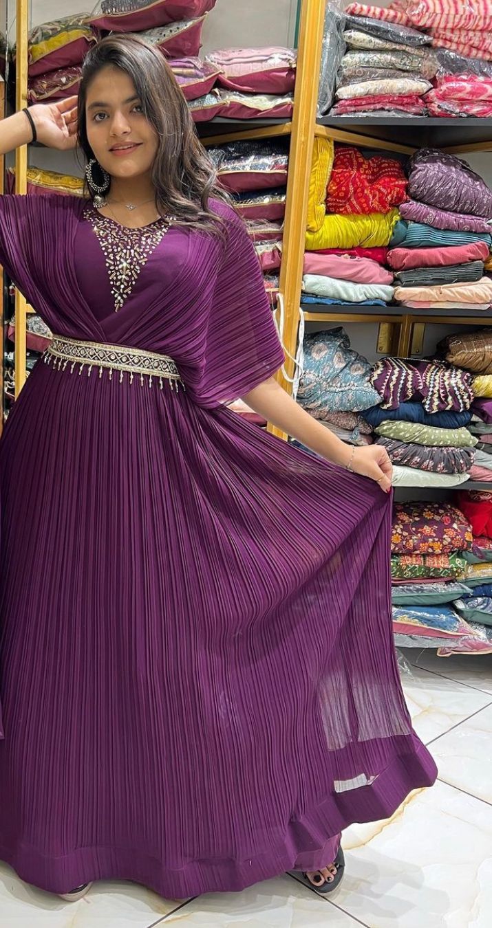 Designer Wine Color Khatli Work Pleated Gown