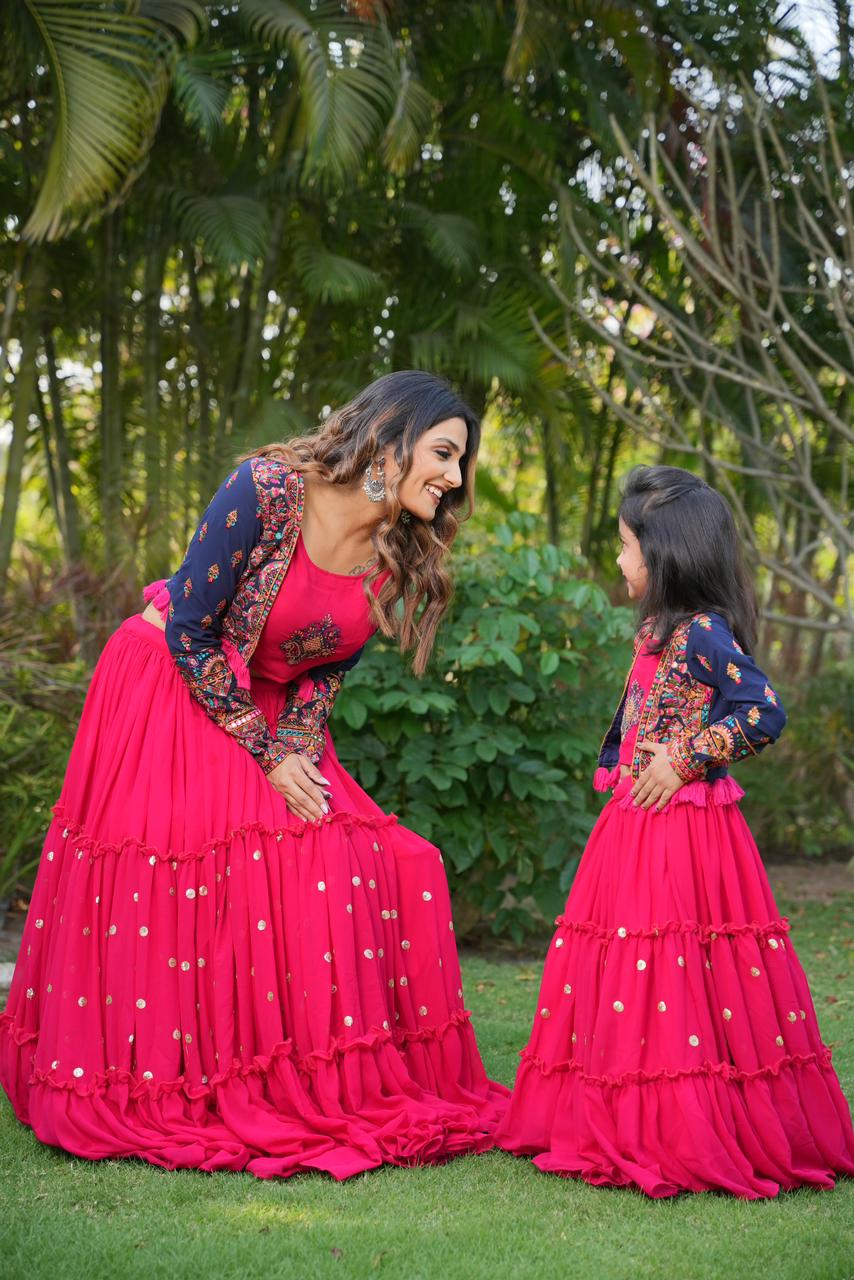 Attractive Pink Color Mother-daughter Lehenga Choli With Jacket