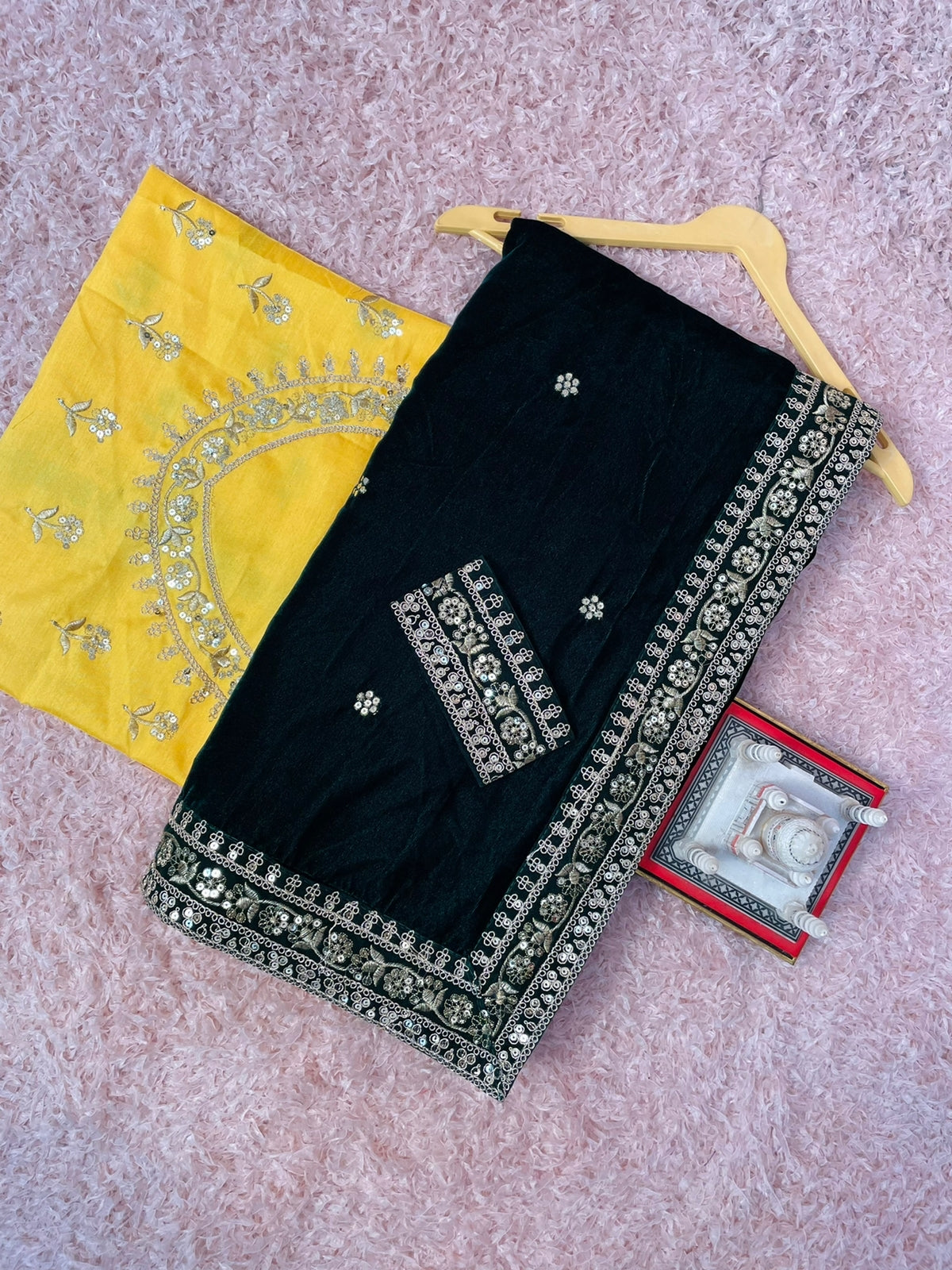 Exclusive Dark Green Color Velvet Saree With Yellow Embroidered Blouse