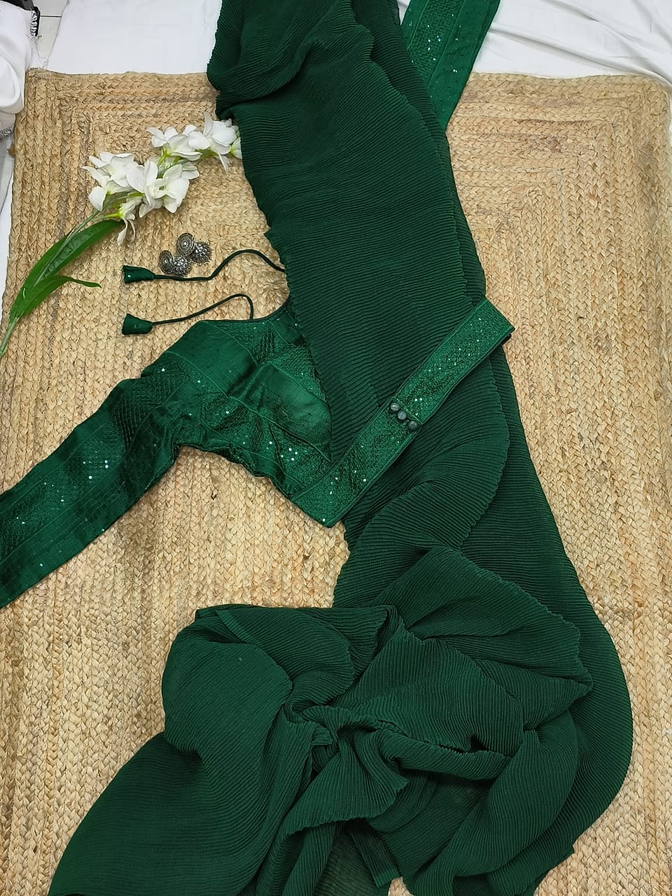 Dark Green Color Crushed Saree With Fancy Attached Belt Blouse