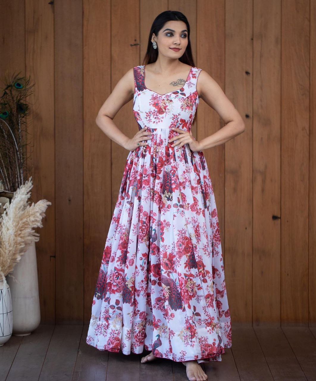 Floral Print With Peacock Design White Color Gown