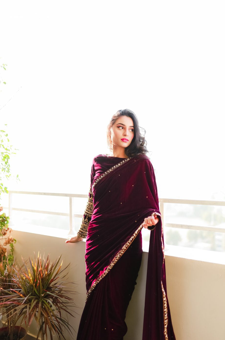 Wine Color Moti With Lace Work Velvet Saree