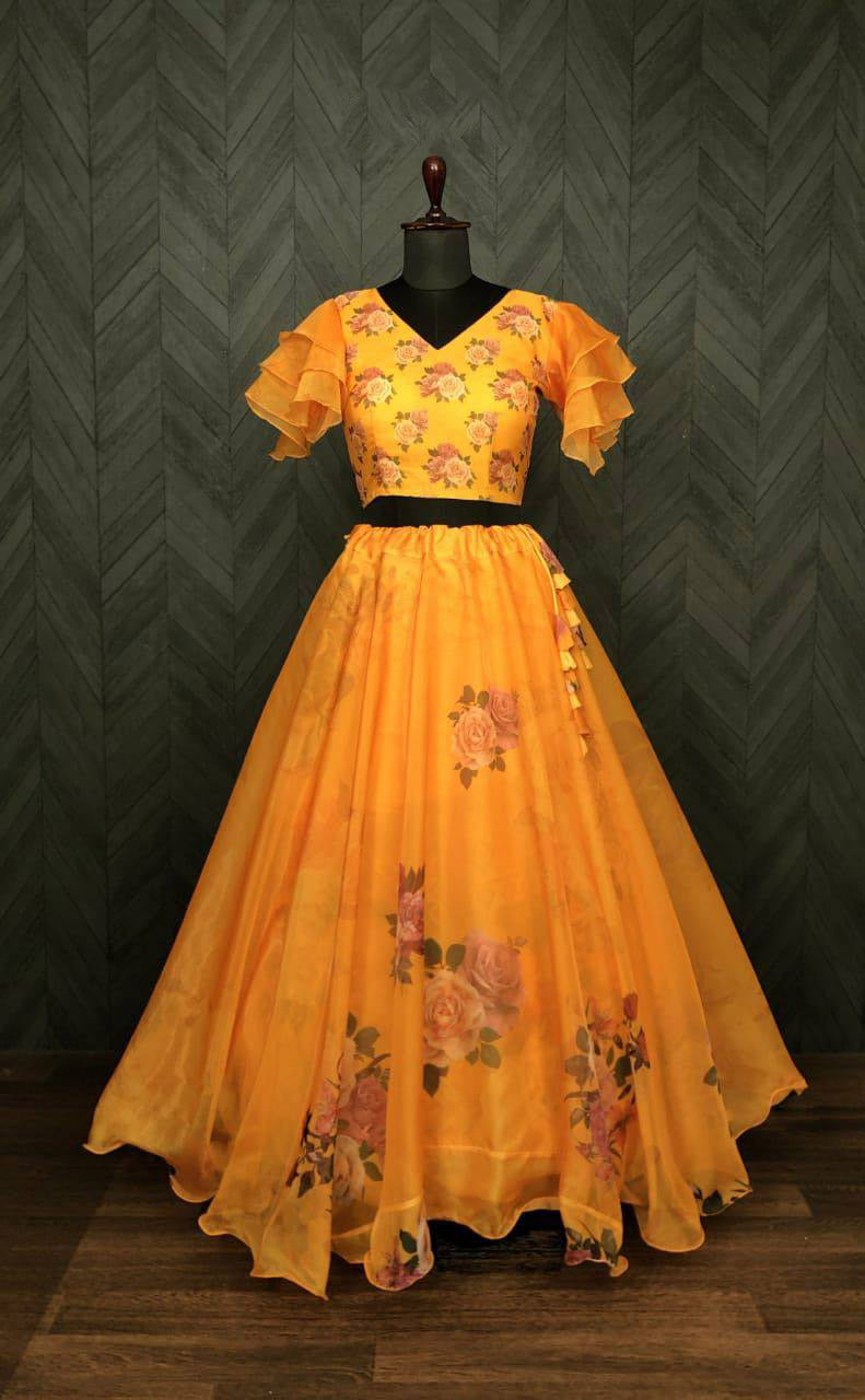 Pretty Yellow Color Flower Print Organza Top With Lehenga