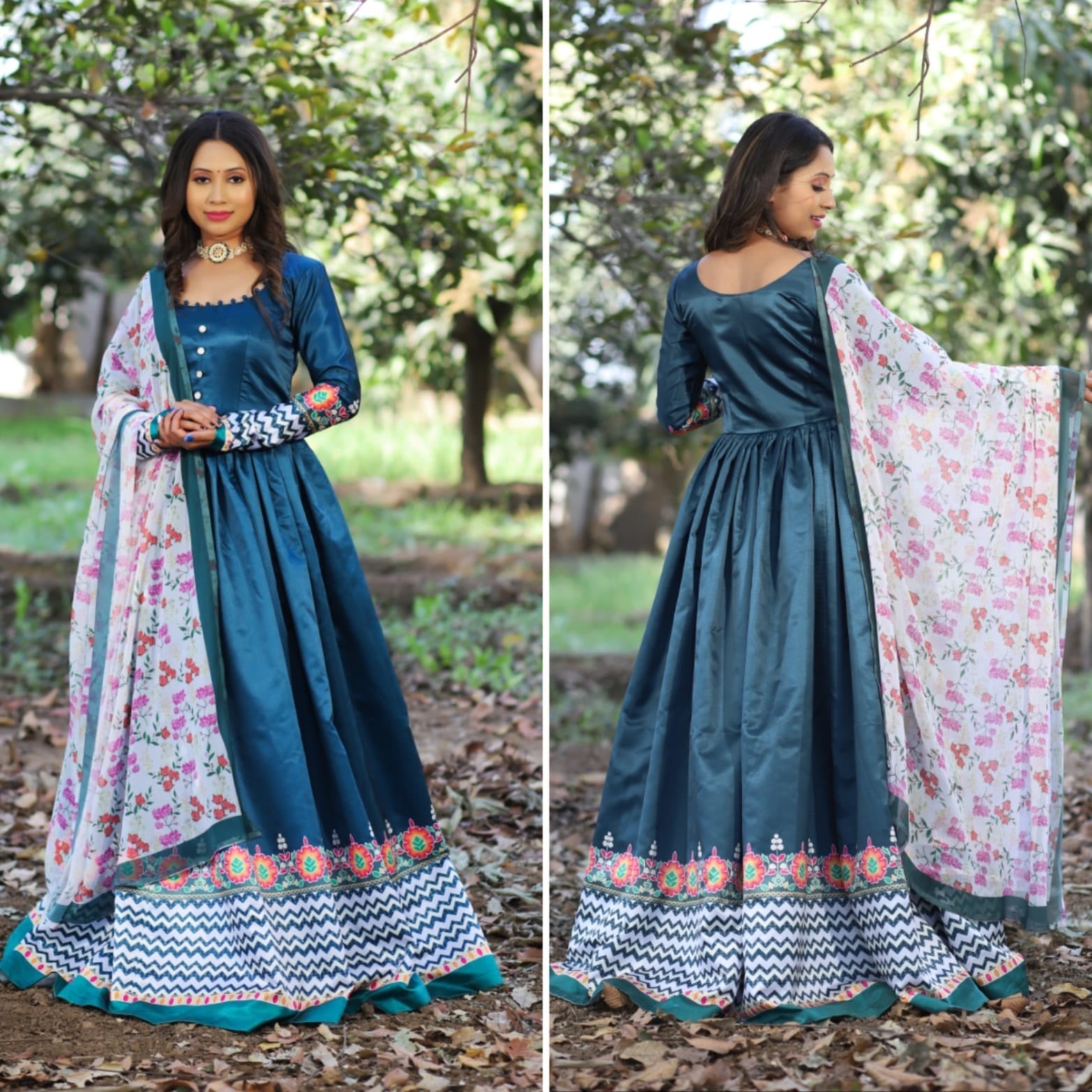 Teal Blue Color Printed Malai Silk Gown