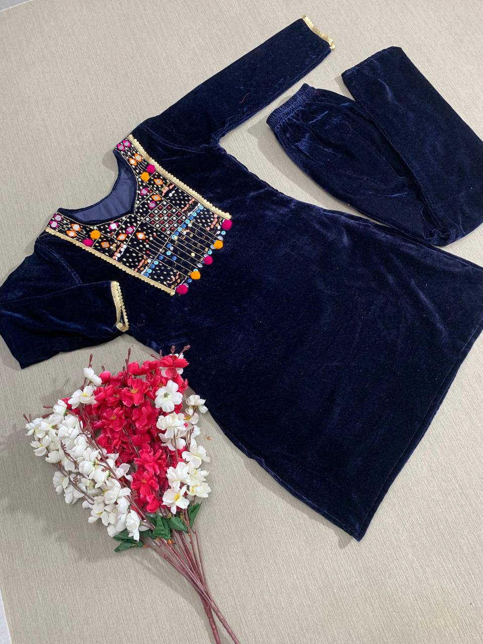 Hand Work Navy Blue Color Velvet Top With Pant