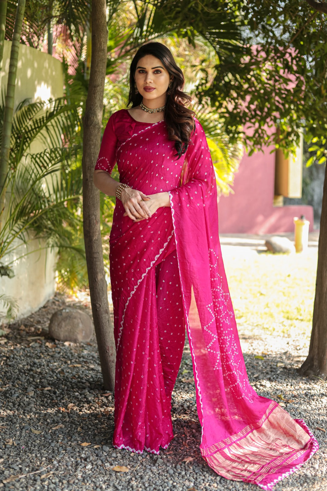 Superhit Pink Color Original Bandhej Silk Saree