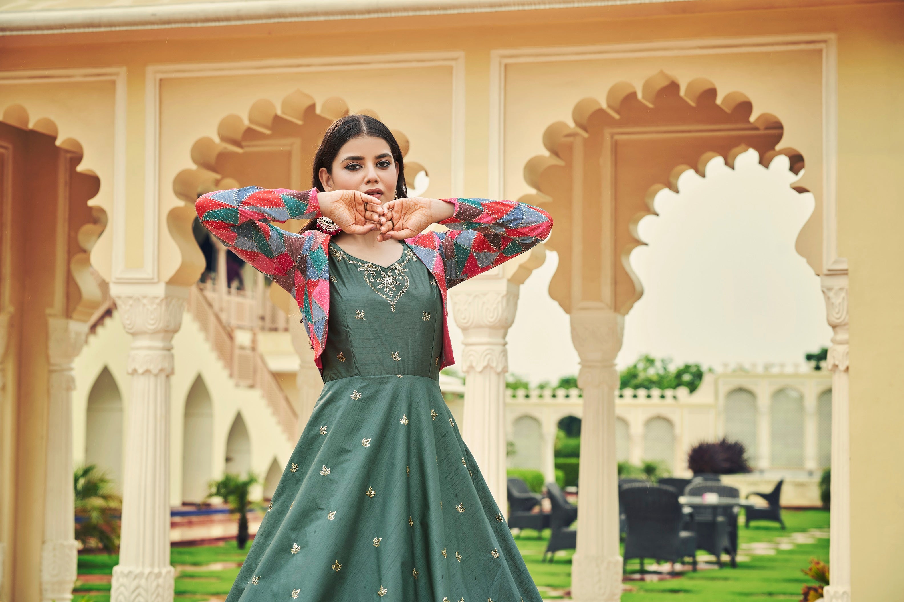Beautiful Sequence Work Dusty Green With Multicolor Gown With Koti