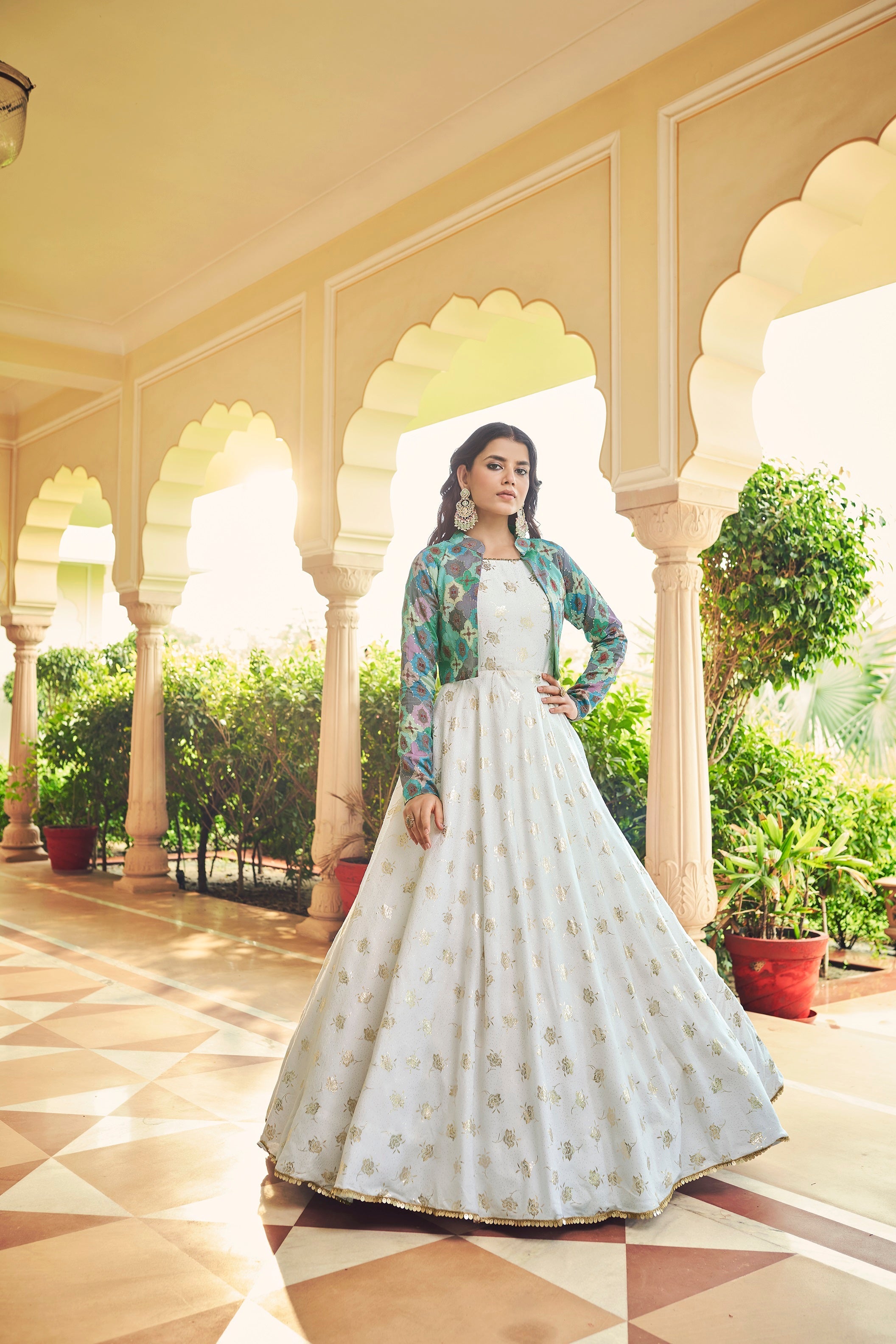 Beautiful Sequence Work White With Multicolor Gown With Koti