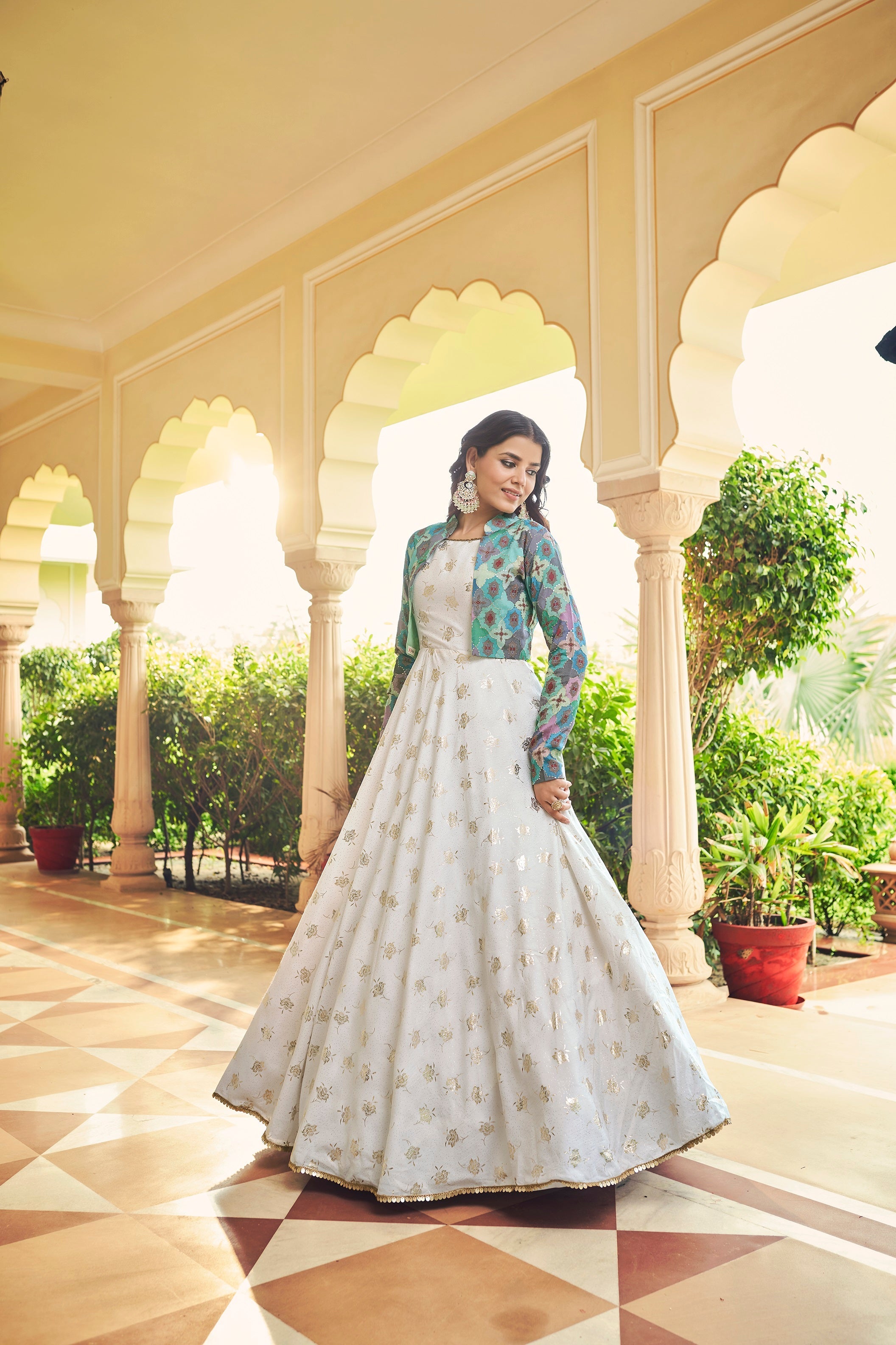 Beautiful Sequence Work White With Multicolor Gown With Koti