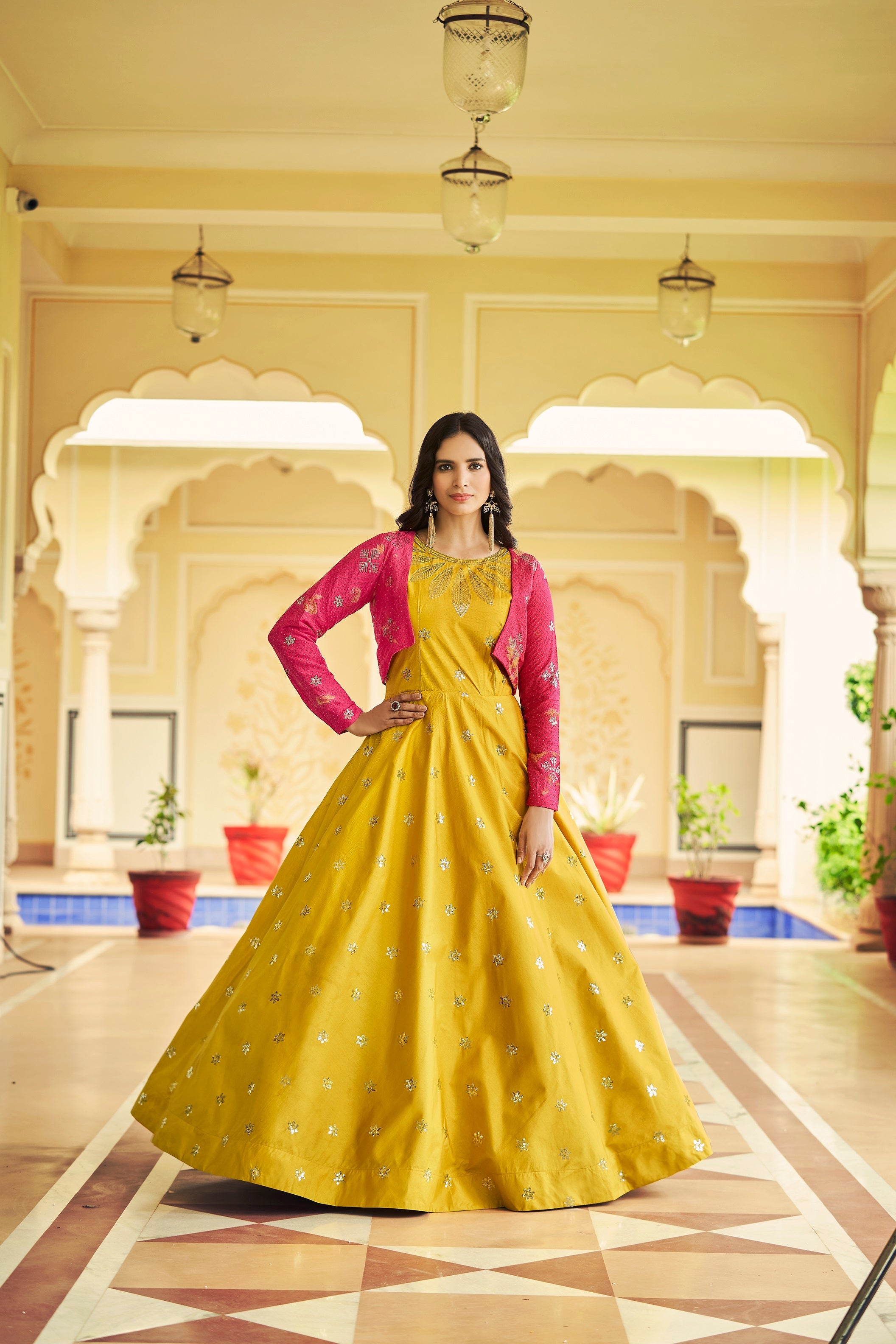 Beautiful Sequence Work Yellow With Rani Color Gown With Koti