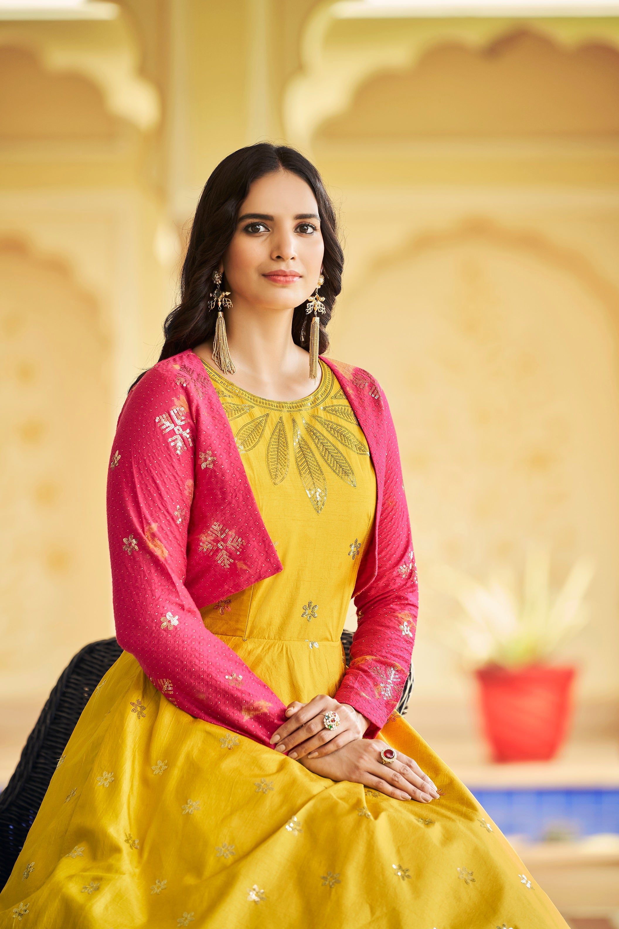 Beautiful Sequence Work Yellow With Rani Color Gown With Koti