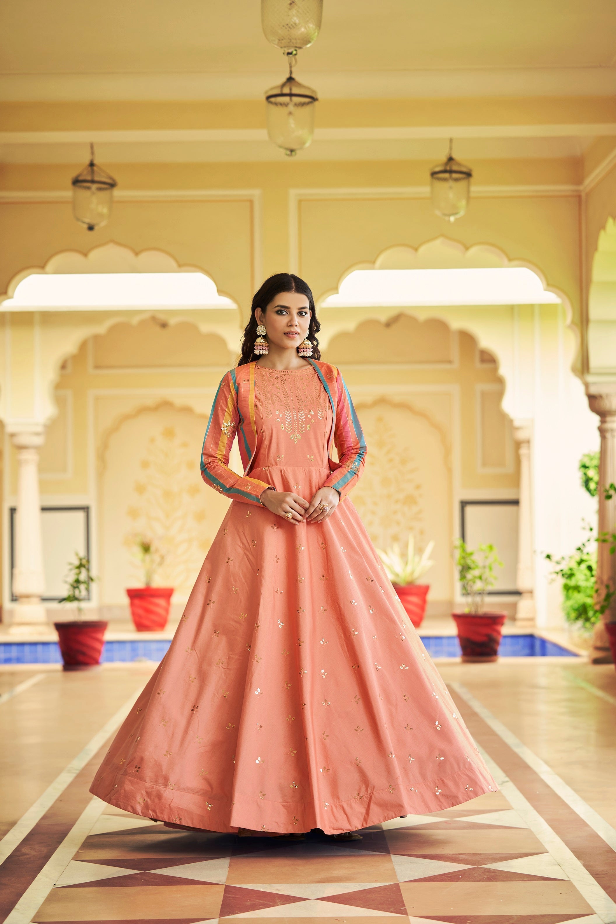 Beautiful Sequence Work Peach Color Gown With Koti