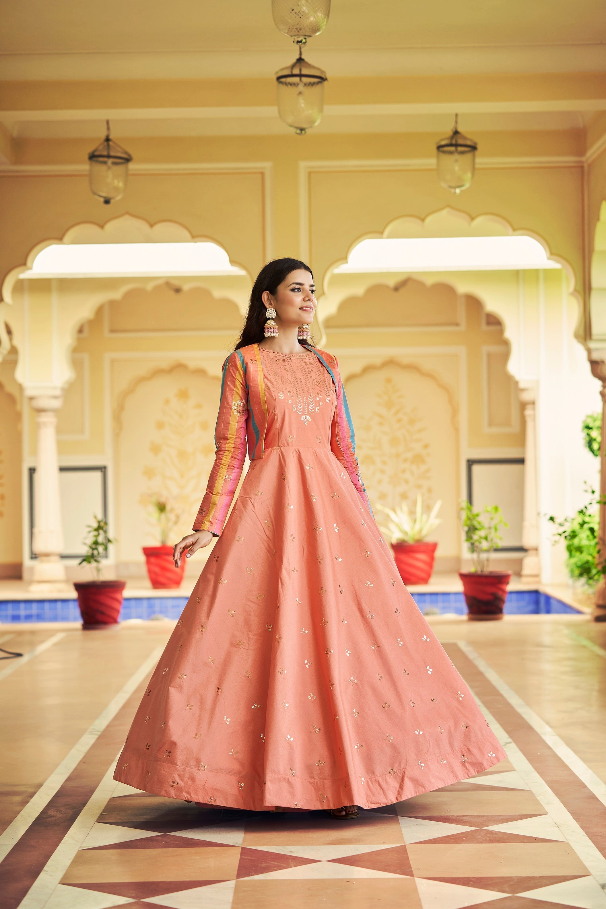 Beautiful Sequence Work Peach Color Gown With Koti