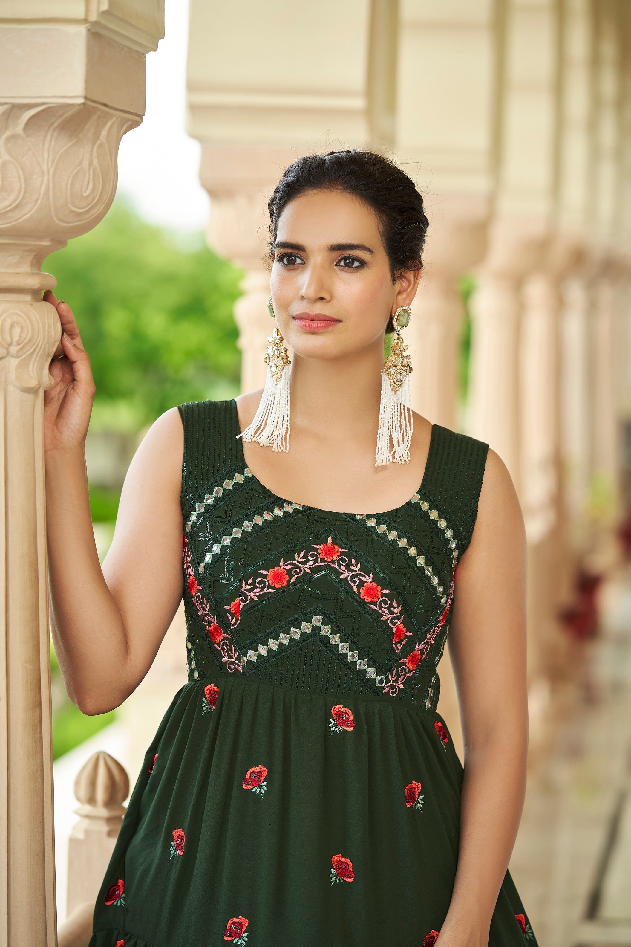 Party Wear Olive Green Color Thread & Sequence Embroidered Work Gown