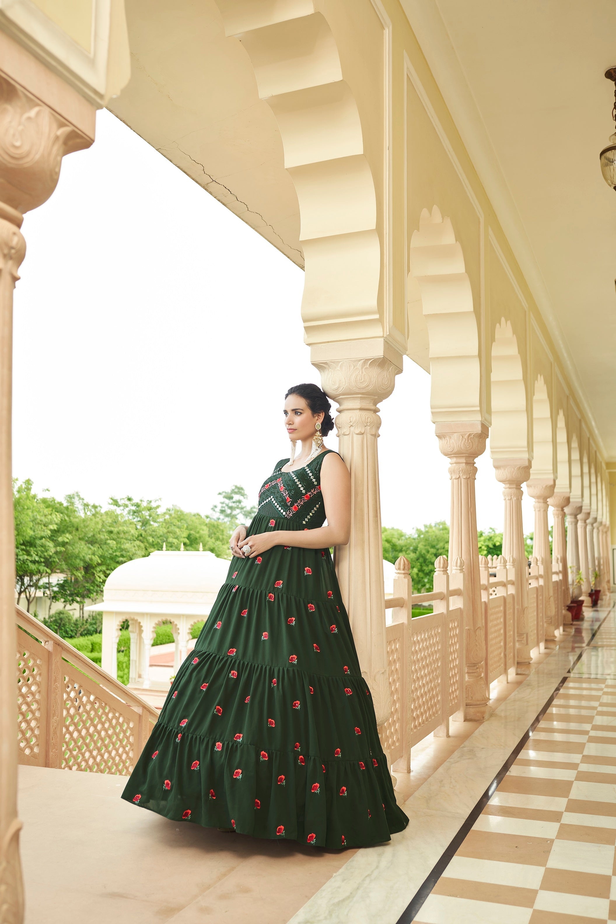 Party Wear Olive Green Color Thread & Sequence Embroidered Work Gown