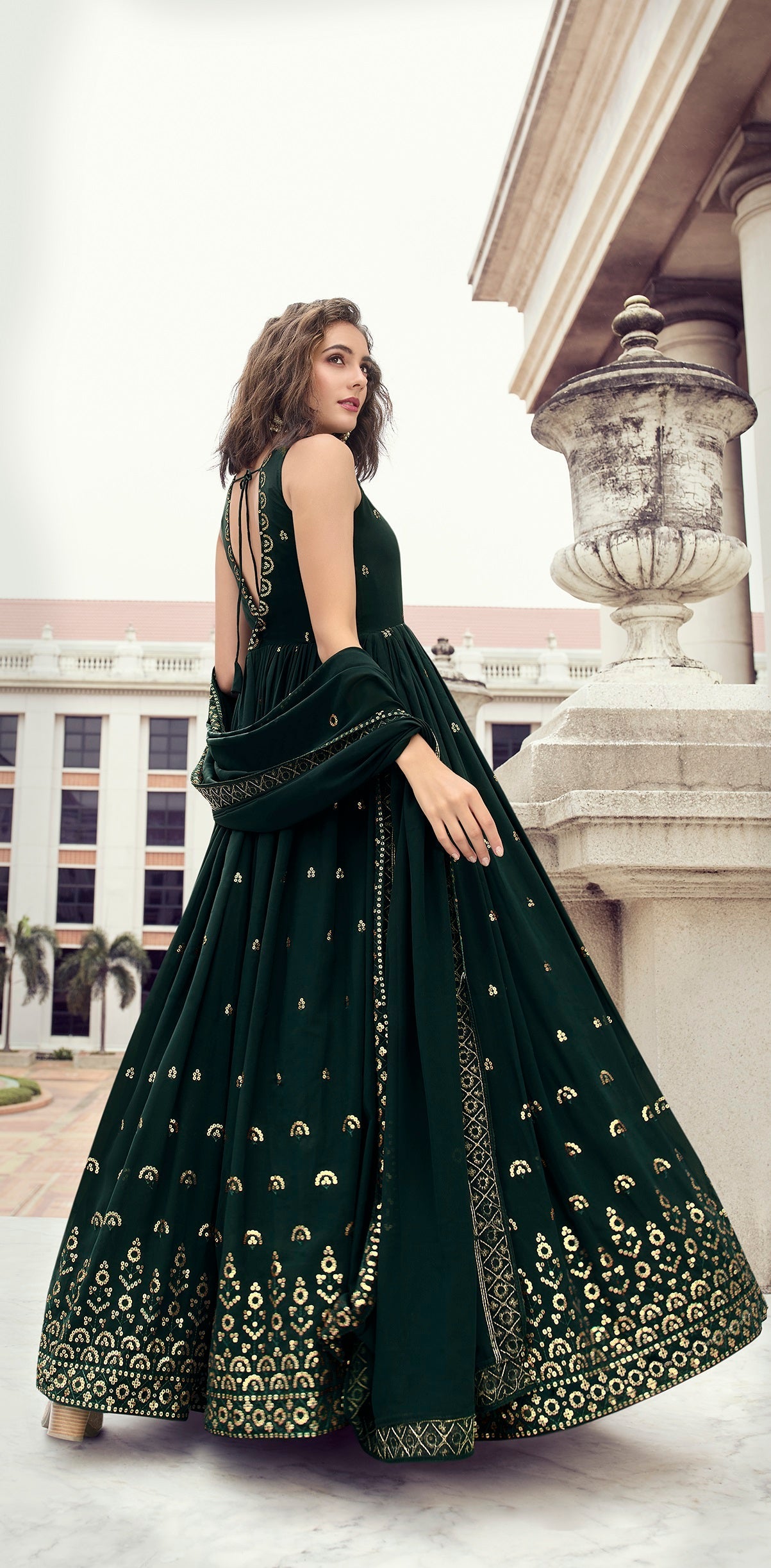 Designer Green Color Thread Sequence Work Gown