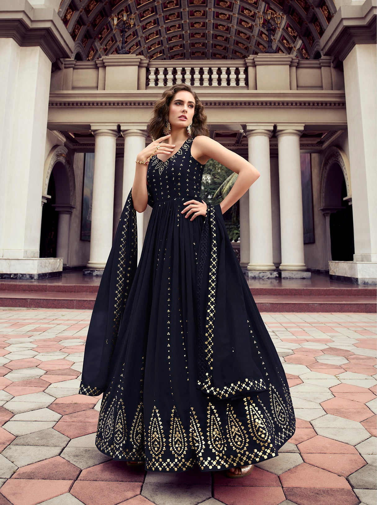 Designer Navy Blue Color Thread Sequence Work Gown
