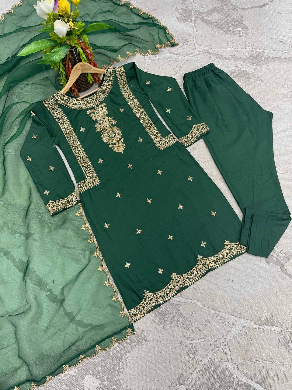 Green Color Embroidery Coding Dori Work Silk Salwar Suit