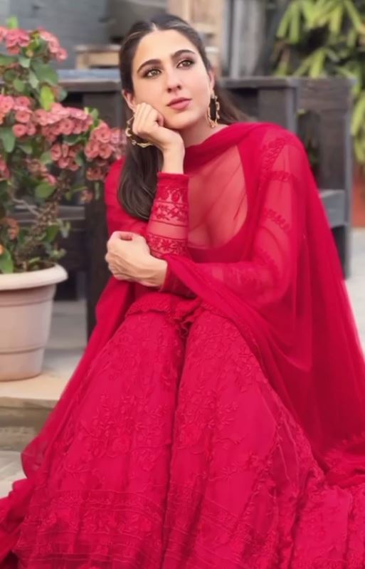 Bollywood Red Color Sara Ali Khan Sharara Suit