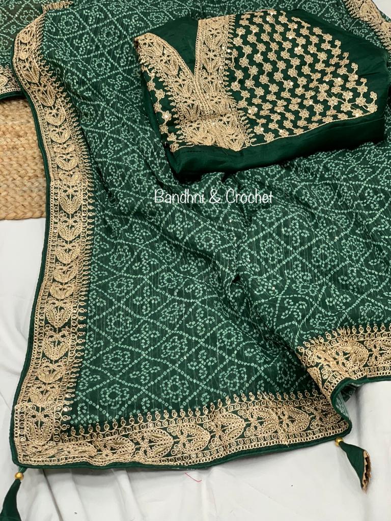 Bandhani Print Green Color Crochet Work Saree