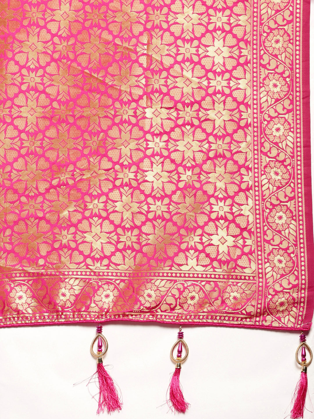 Glossy Pink And Purple Color Banarasi Silk Saree