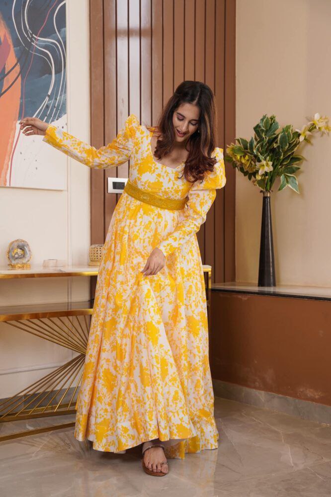 Digital Printed Yellow Color Gown With Belt